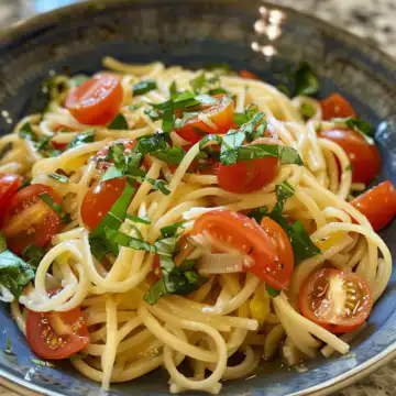 Summer Linguine Salad taken with iphone 15 pro max --iw 2 --ar 4:5 --v 6.0 --raw