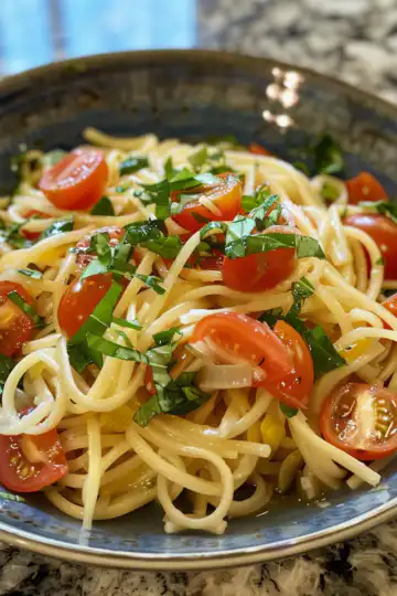 Summer Linguine Salad taken with iphone 15 pro max --iw 2 --ar 4:5 --v 6.0 --raw