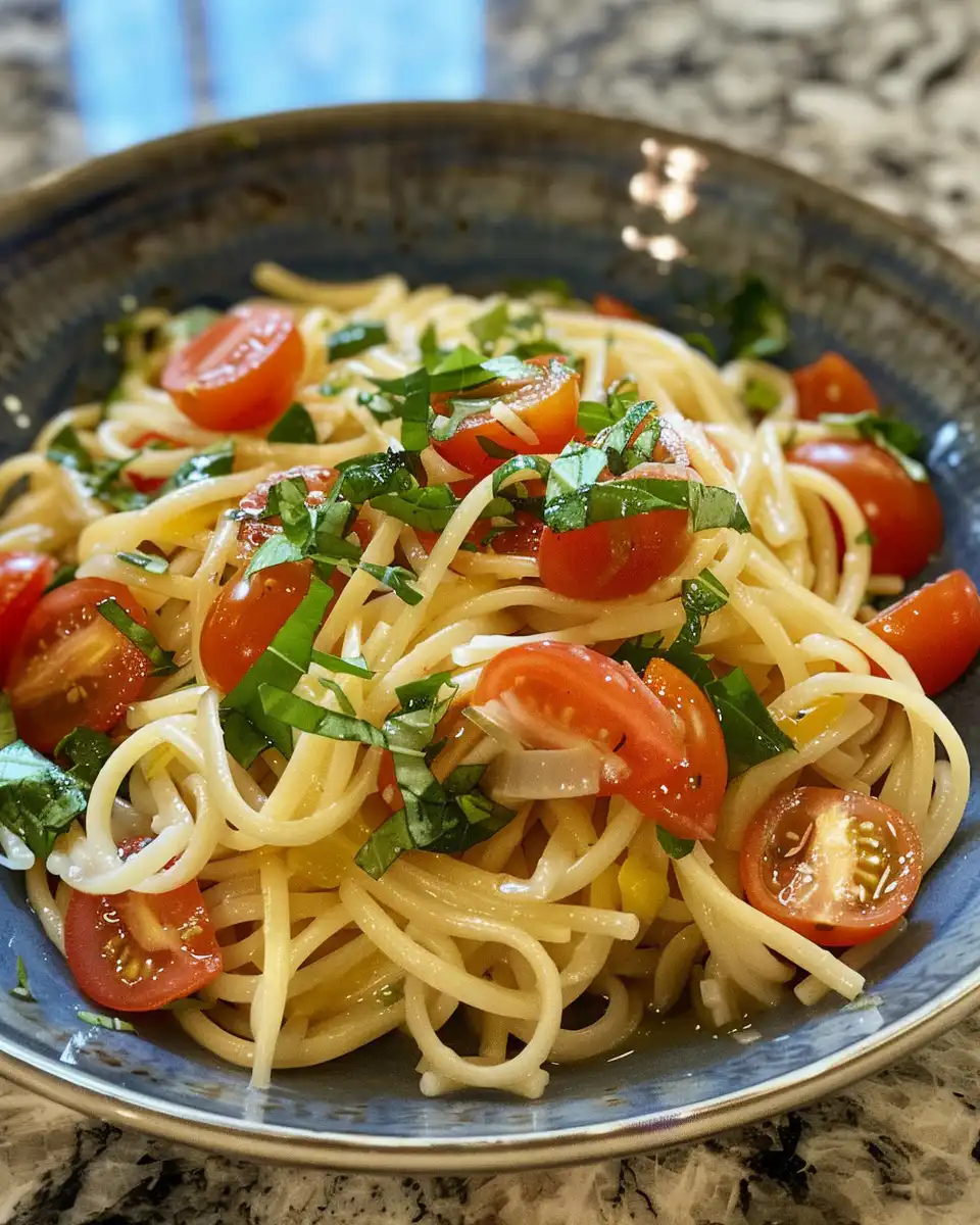 Fresh summer linguine salad in pressure cooker with steam rising