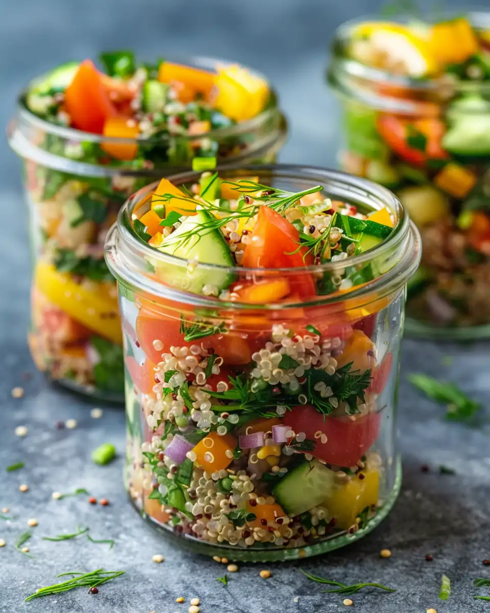 Ingredients for summer quinoa salad with fresh veggies and herbs laid out in bowls