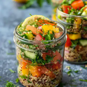 Summer Quinoa Salad Jars With Lemon Dill Dressing taken with iphone 15 pro max --iw 2 --ar 4:5 --v 6.0 --raw