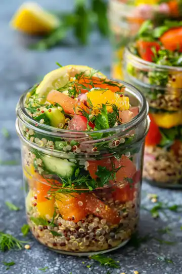 Summer Quinoa Salad Jars With Lemon Dill Dressing taken with iphone 15 pro max --iw 2 --ar 4:5 --v 6.0 --raw