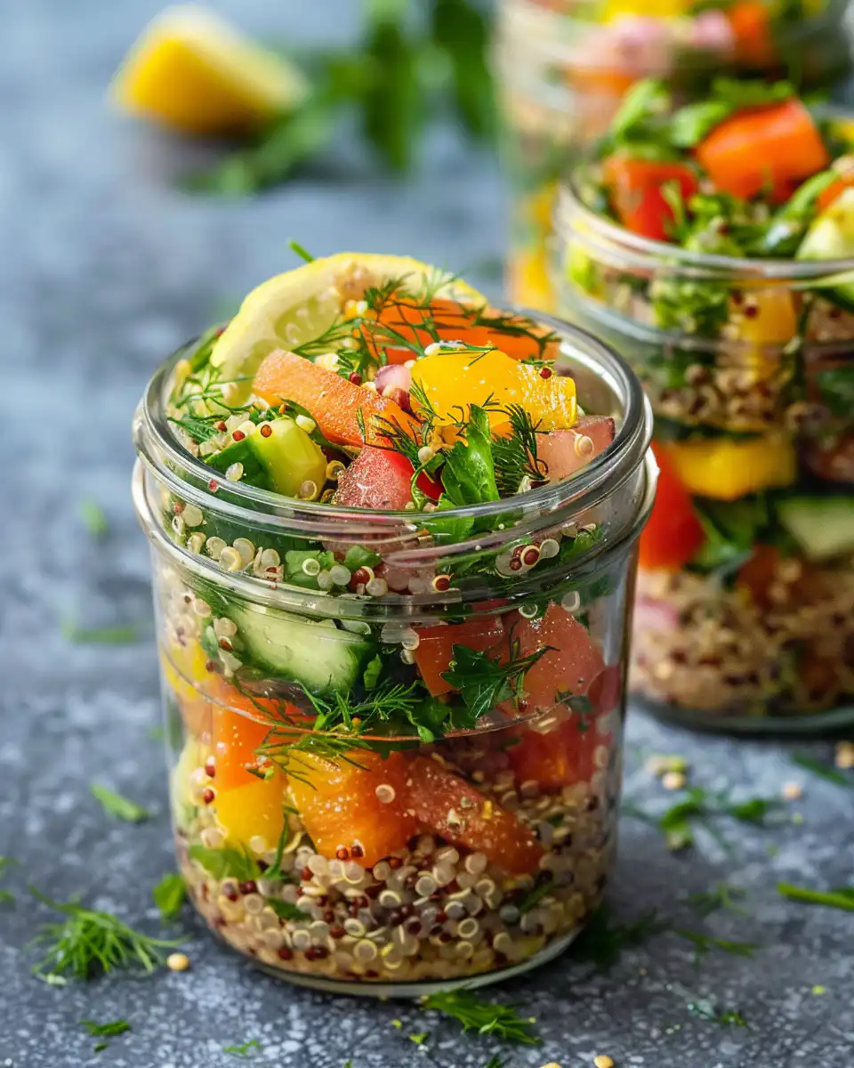 Summer quinoa salad jars with lemon dill dressing in clear jars prepared and ready to serve
