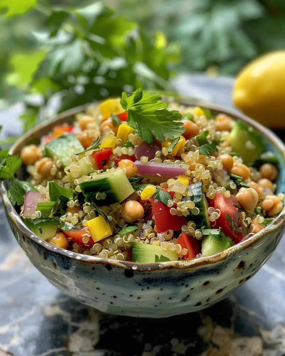 Ingredients for summer quinoa salad laid out including fresh vegetables and herbs