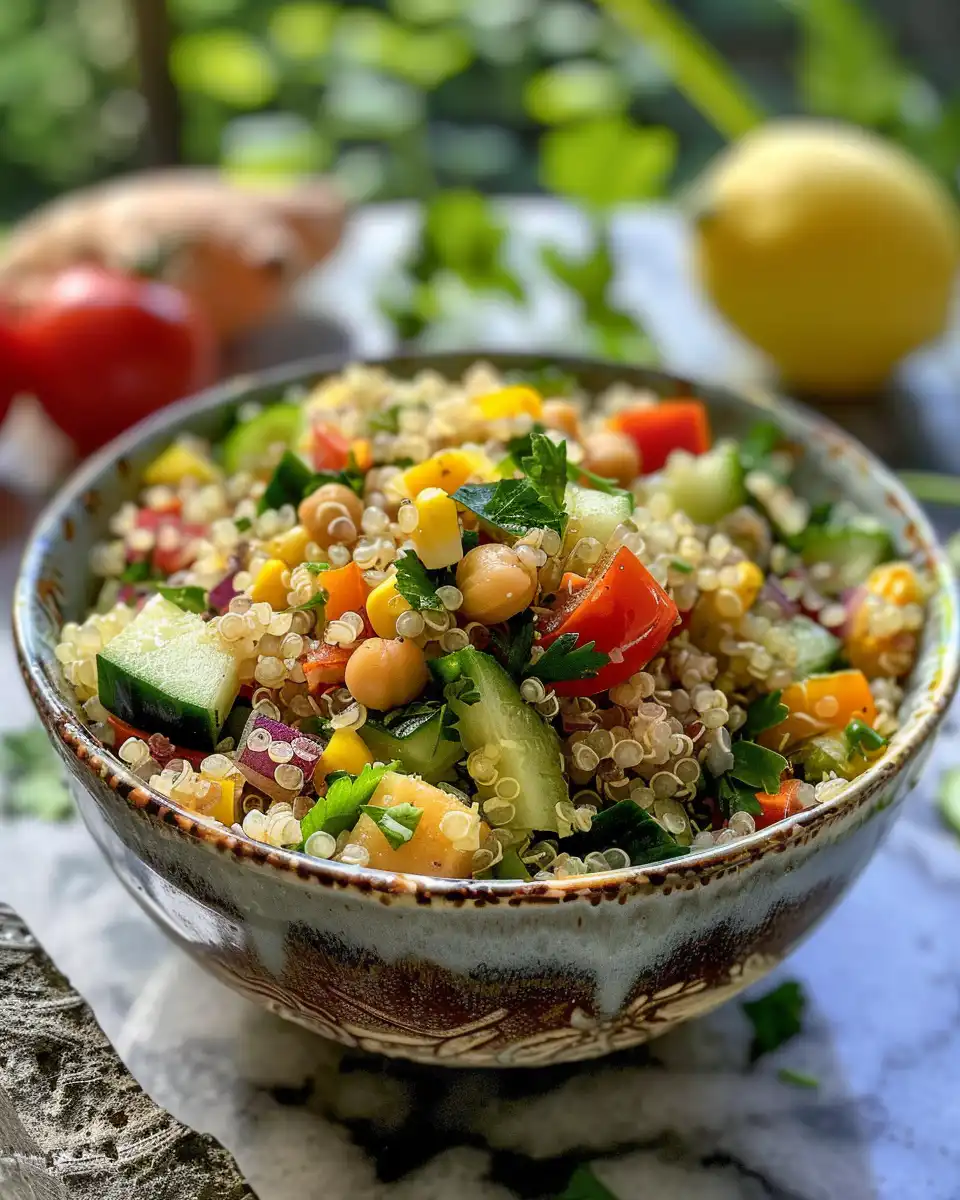 Final plated summer quinoa salad served fresh and colorful