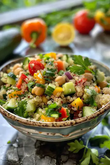 Summer Quinoa Salad taken with iphone 15 pro max --iw 2 --ar 4:5 --v 6.0 --raw