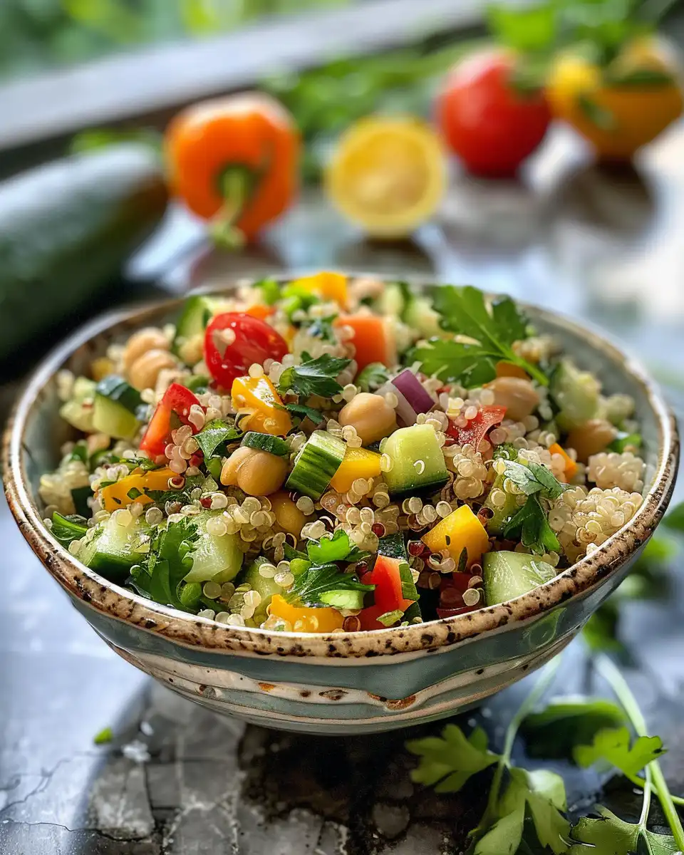 Freshly prepared summer quinoa salad with herbs and veggies