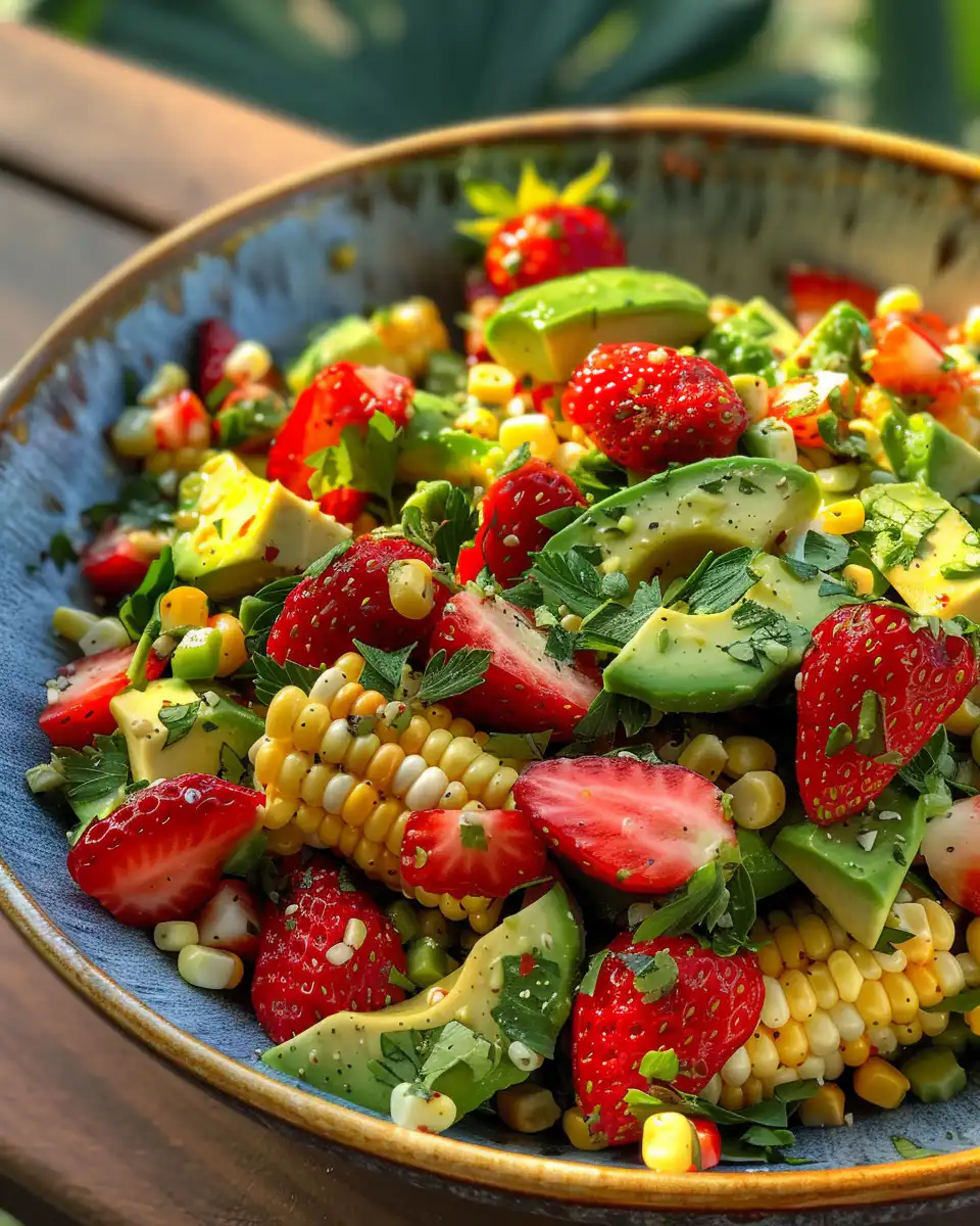 Ingredients for summer salad with corn, kale, avocado and berries arranged in bowls