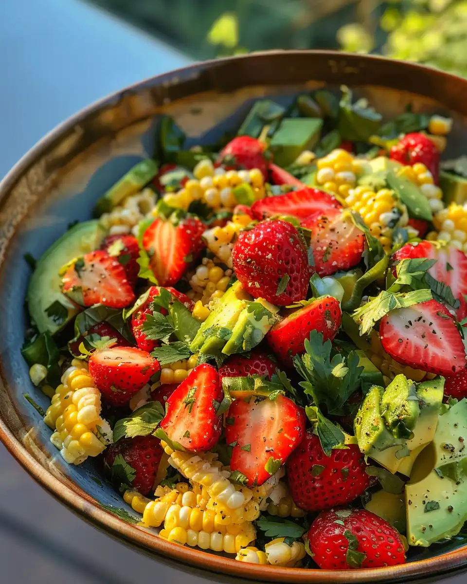 Final plated summer salad with corn, berries, avocado, and fresh herbs