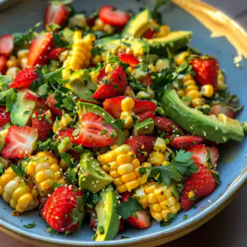 Summer Salad With Corn, Strawberries & Avocado taken with iphone 15 pro max --iw 2 --ar 4:5 --v 6.0 --raw