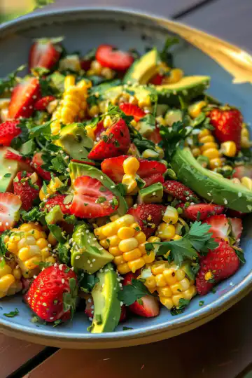 Summer Salad With Corn, Strawberries & Avocado taken with iphone 15 pro max --iw 2 --ar 4:5 --v 6.0 --raw