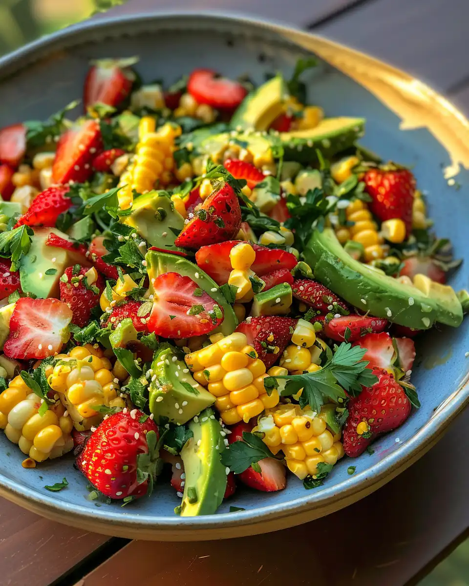 Summer salad with corn, strawberries, and avocado in bowl