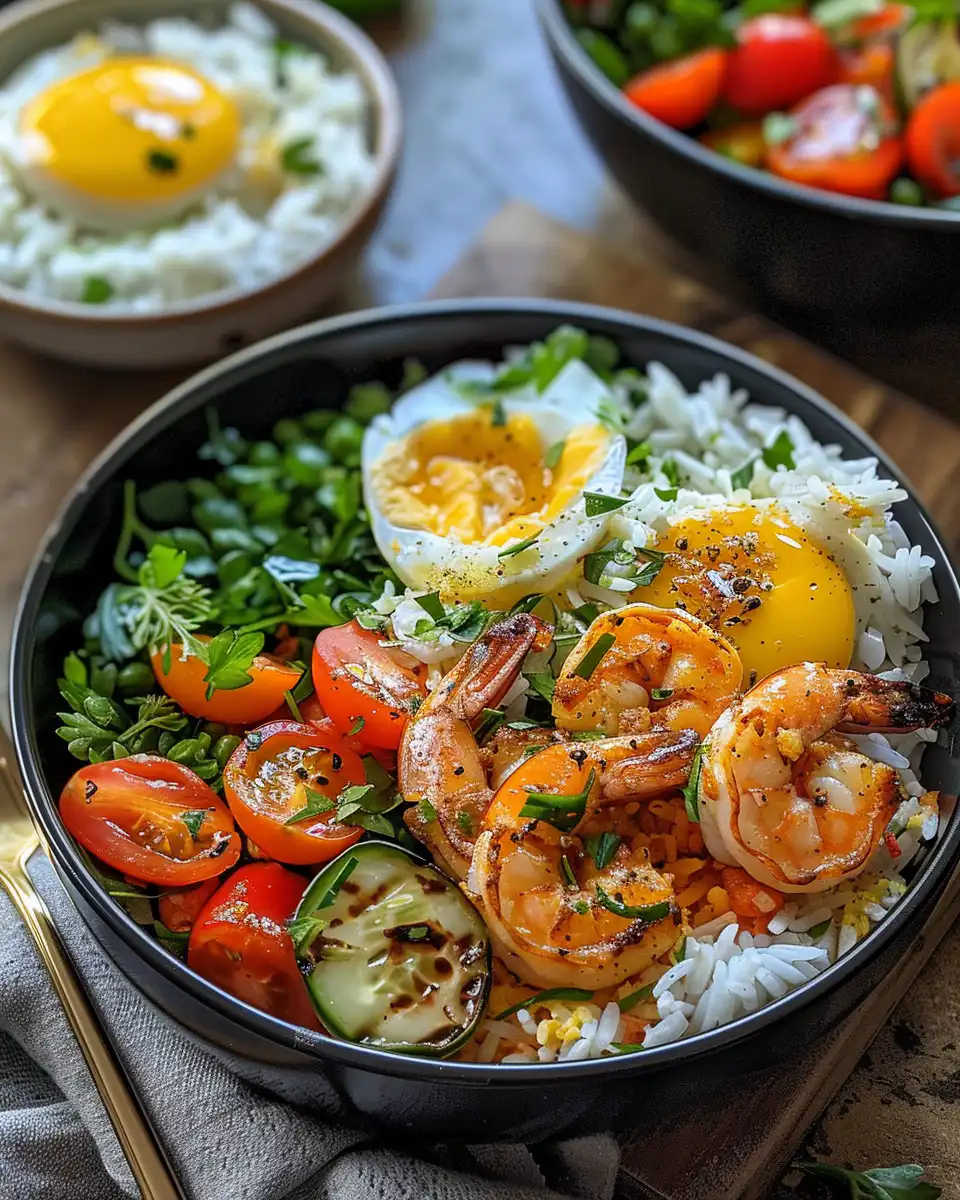 Ingredients including shrimp, bell peppers, onion, and spices prepared for cooking