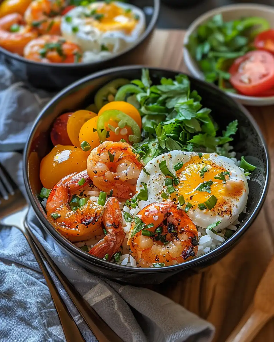 Plated fajita shrimp rice bowl with peppers, rice, black beans, and toppings