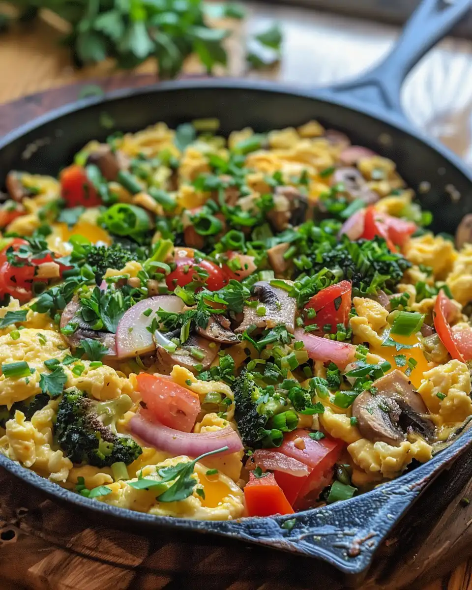 Finished summer skillet vegetable and egg scramble served hot