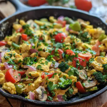 Summer Skillet Vegetable and Egg Scramble taken with iphone 15 pro max --iw 2 --ar 4:5 --v 6.0 --raw