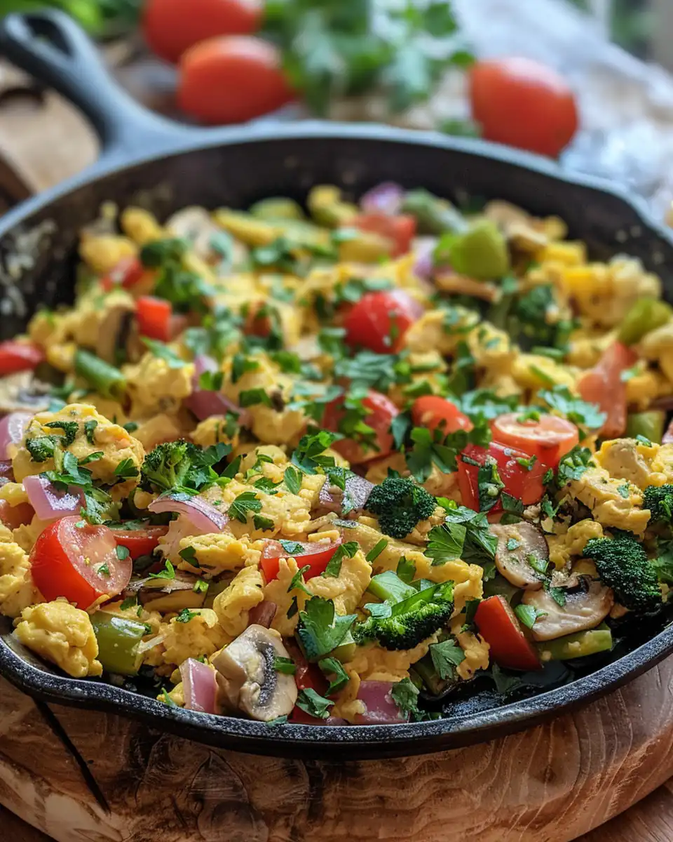 Close-up of summer skillet vegetable and egg scramble cooking in pressure cooker skillet