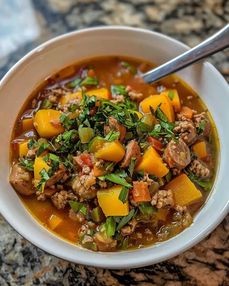 Ingredients of summer squash sausage stew laid out in bowls