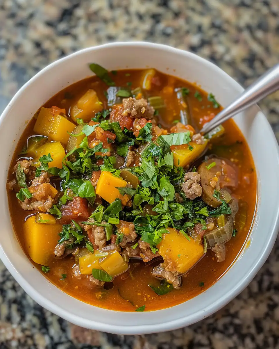 Close up of finished summer squash sausage stew in bowl