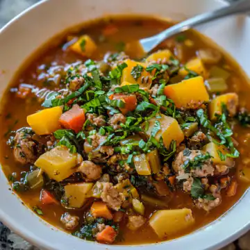 Summer Squash & Sausage Stew taken with iphone 15 pro max --iw 2 --ar 4:5 --v 6.0 --raw