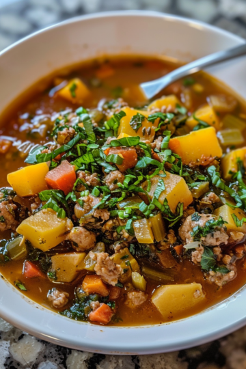 Summer Squash & Sausage Stew taken with iphone 15 pro max --iw 2 --ar 4:5 --v 6.0 --raw