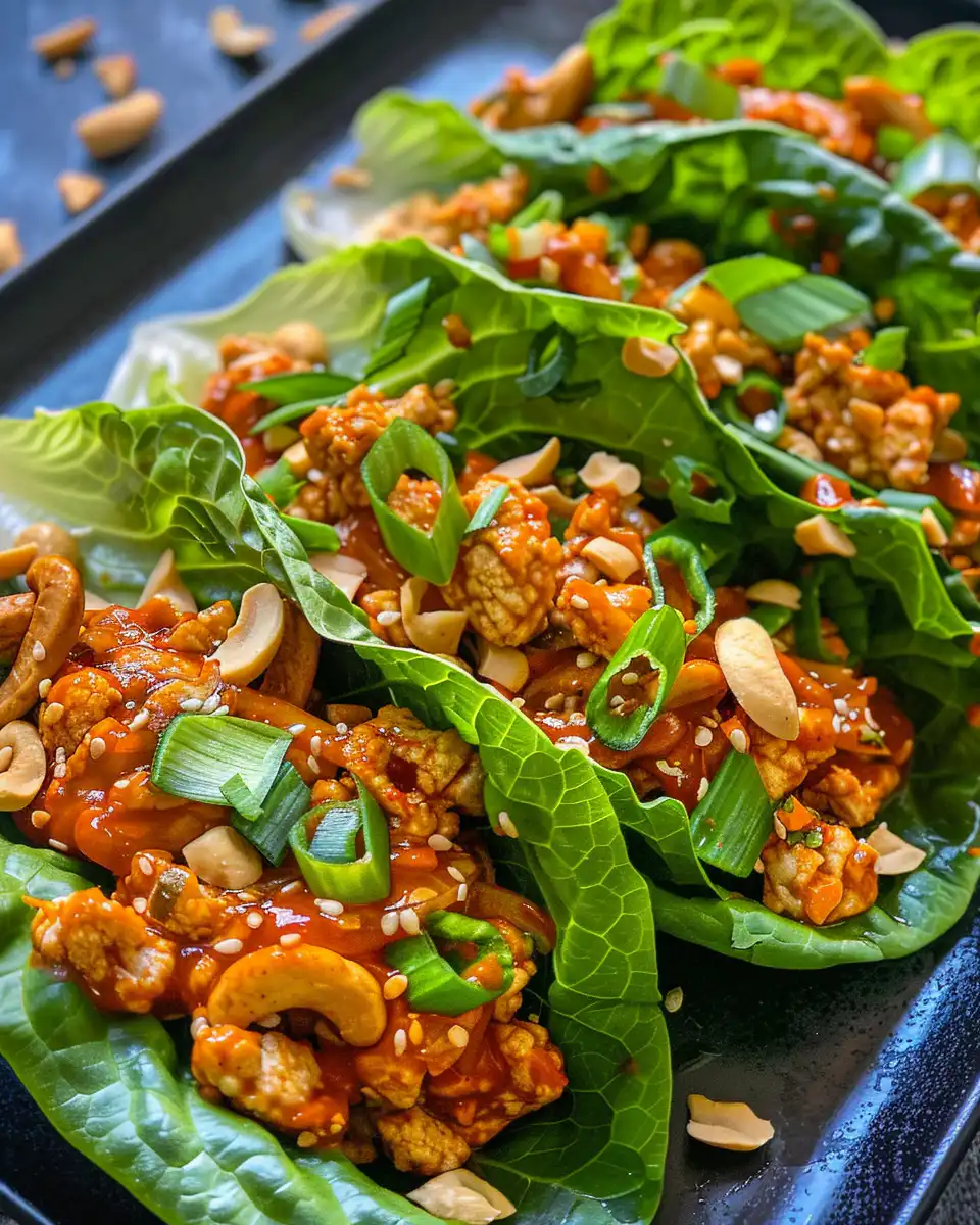 Finished sweet and spicy cashew chili lettuce wraps plated and served