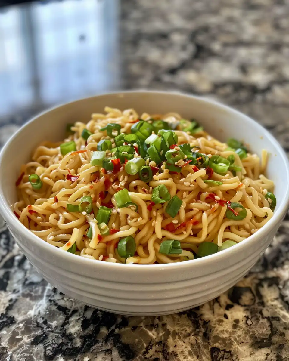 Finished sweet chili garlic noodles garnished and ready to serve