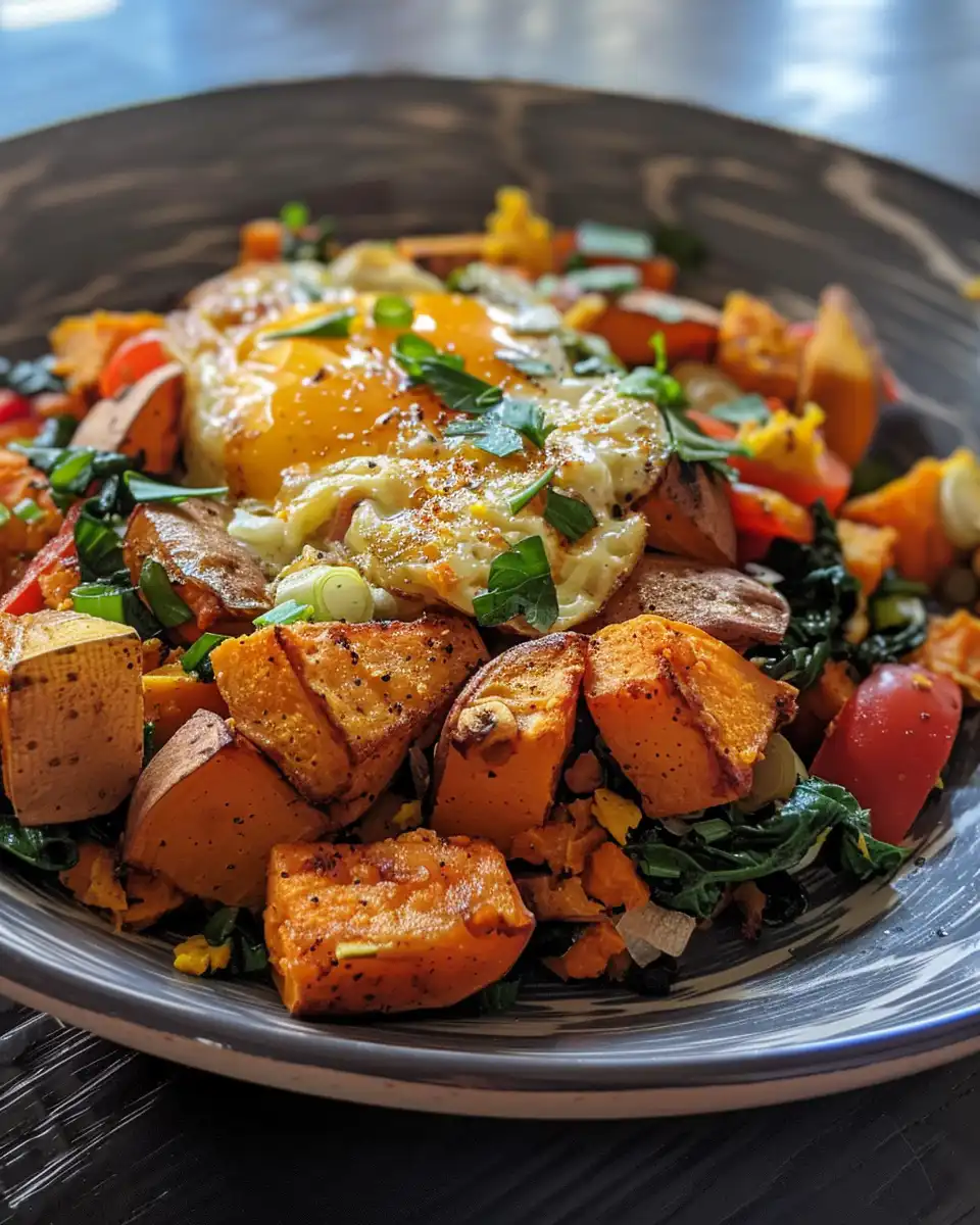 Ingredients for sweet potato breakfast scramble including diced sweet potatoes, eggs, cheddar, and fresh toppings