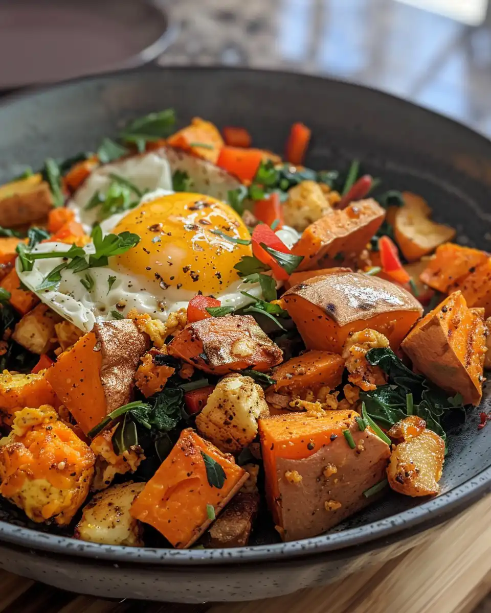 Final plated sweet potato breakfast scramble topped with cheese, salsa, and fresh cilantro