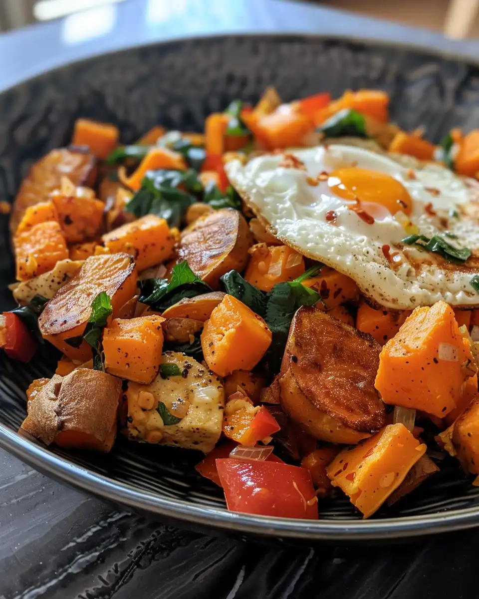 Sweet potato breakfast scramble cooking with steam rising