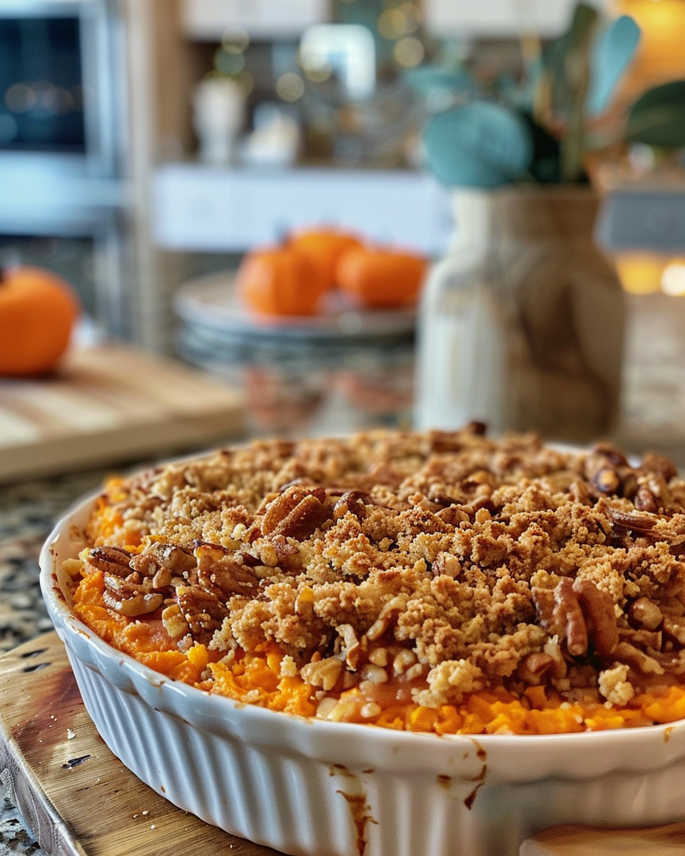 Baked sweet potato casserole with golden marshmallow topping on plate