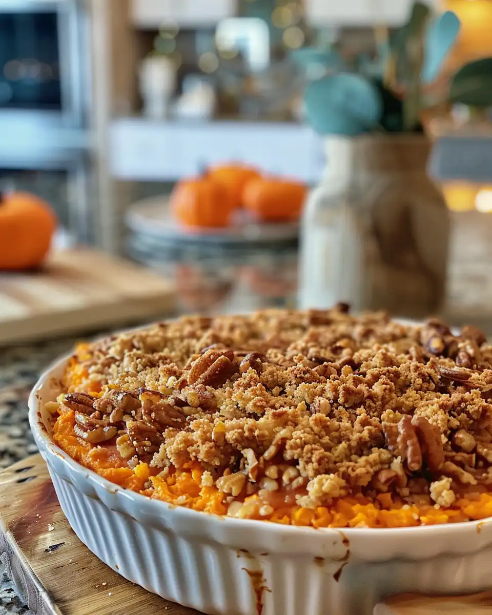 Baked sweet potato casserole with golden marshmallow topping on plate