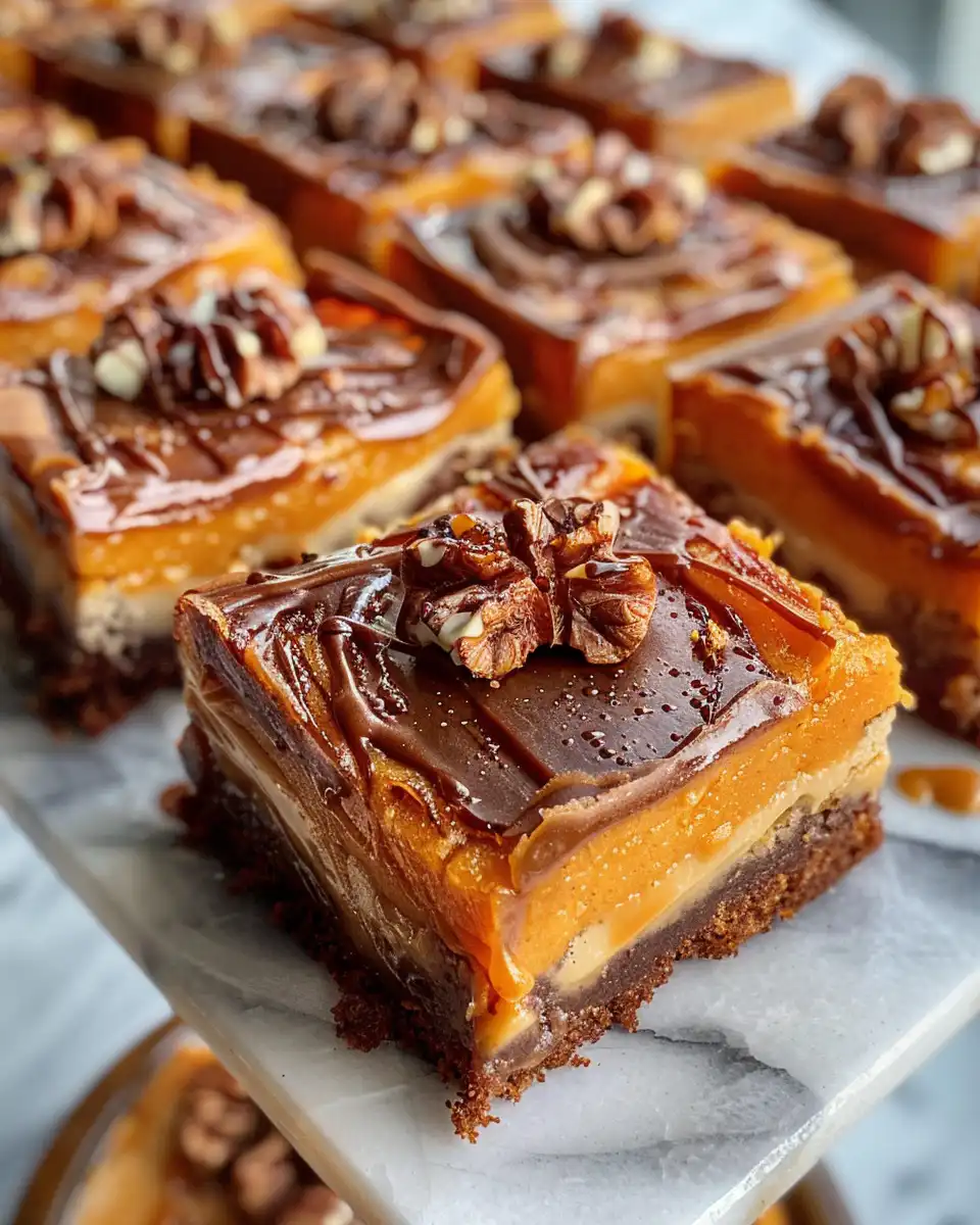 Final plated sweet potato dessert bars with salted caramel swirl serving suggestion