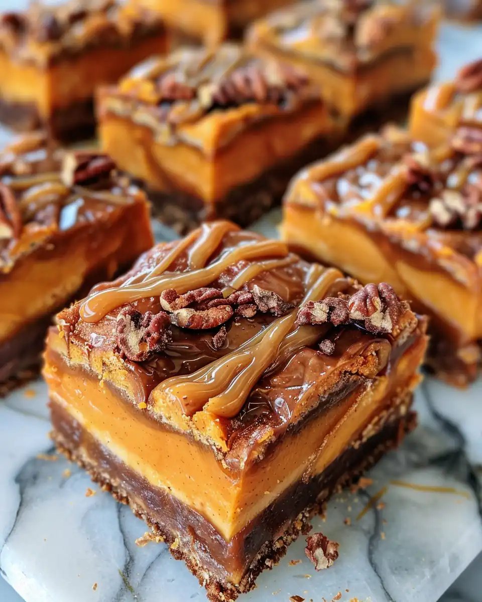 Sweet potato cheesecake dessert bars with salted caramel swirl