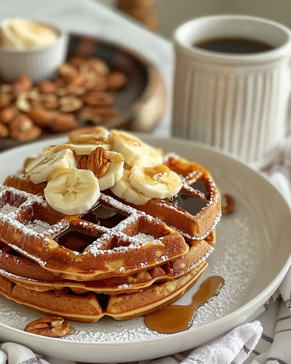 Cooked sweet potato waffles served with maple syrup and pecans