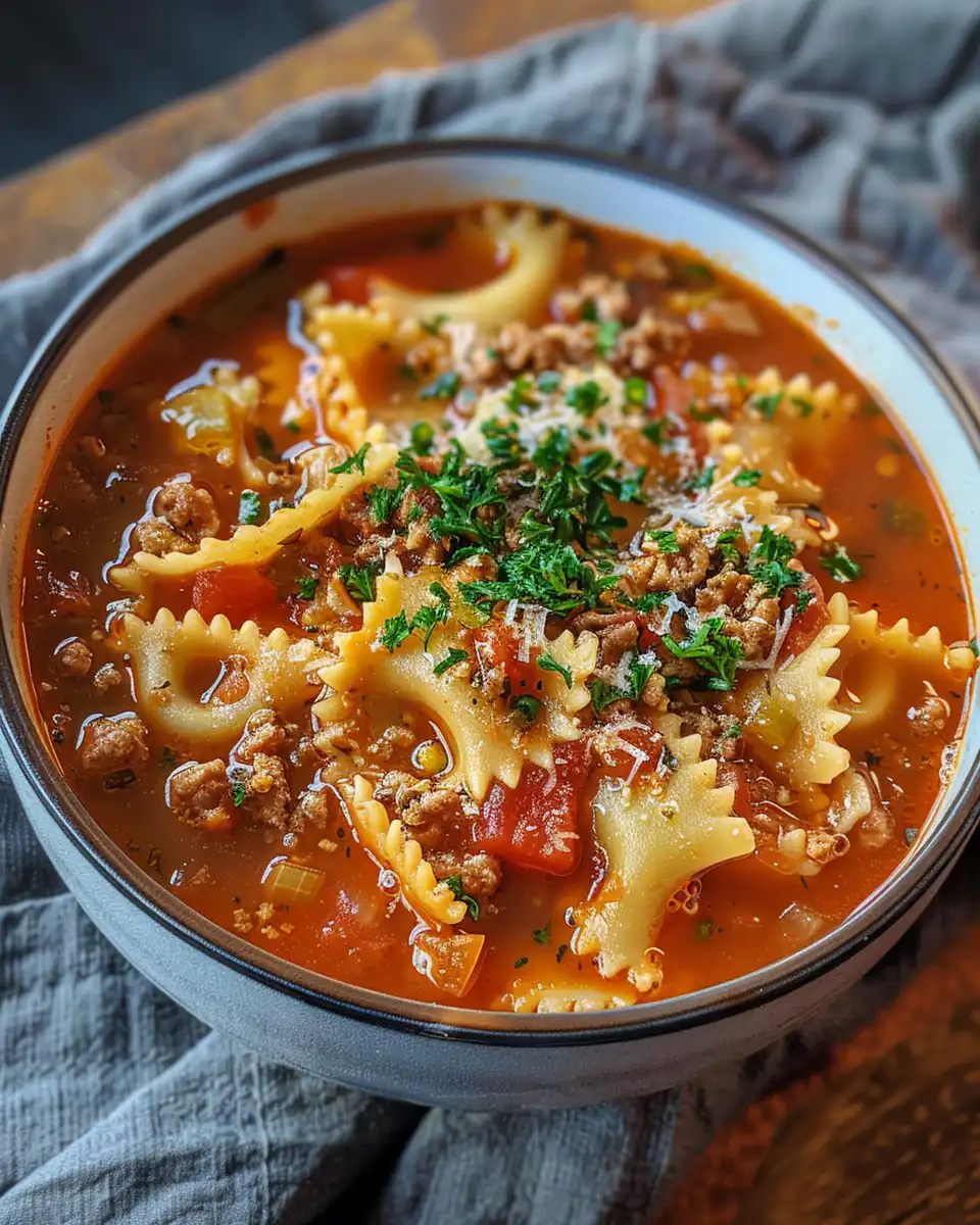 Bowl of creamy vegan lasagna soup with garnish ready to serve