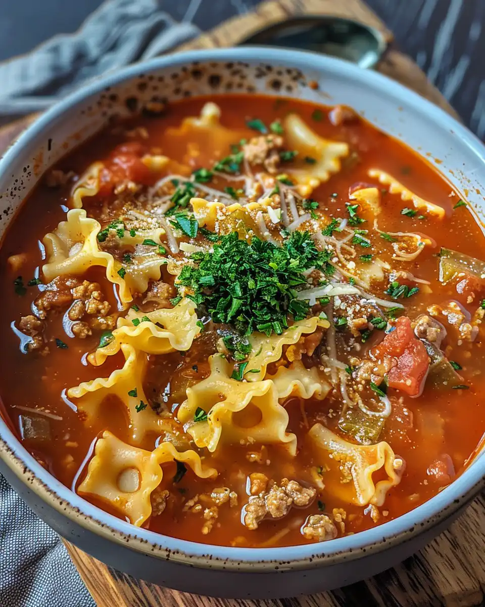 Steaming bowl of Vegan Lasagna Soup in a pressure cooker