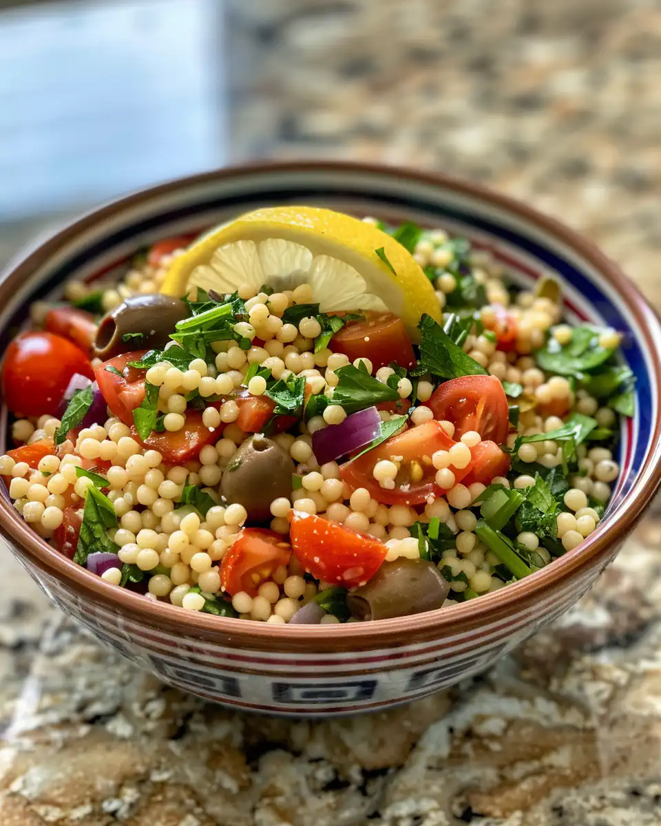 Array of fresh ingredients laid out for lemony couscous salad including olive oil, lemon, spices