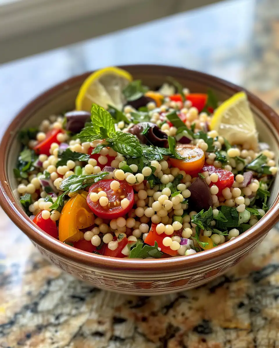 Bright lemony couscous salad served in bowl with fresh herbs garnish