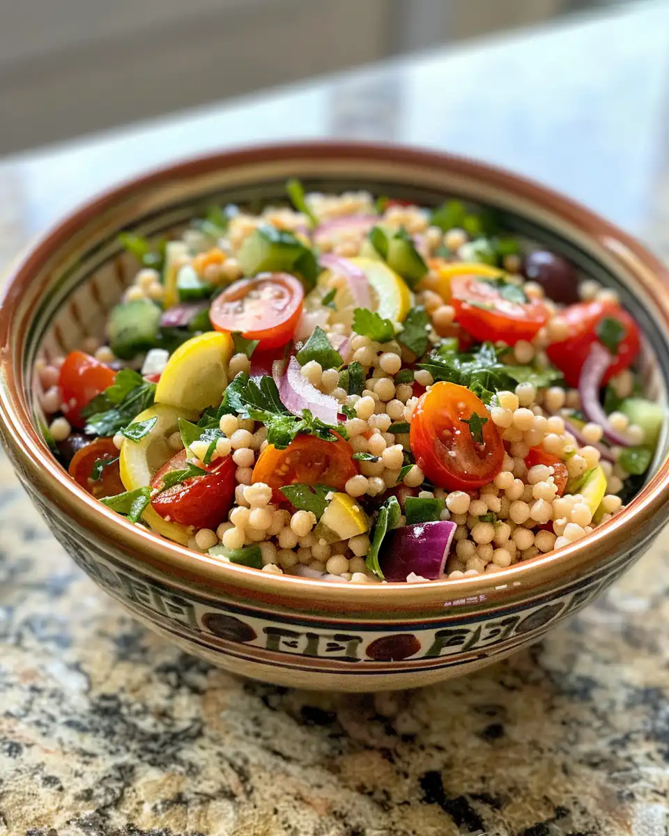 Fresh lemony couscous salad in a bowl with lemon and herbs