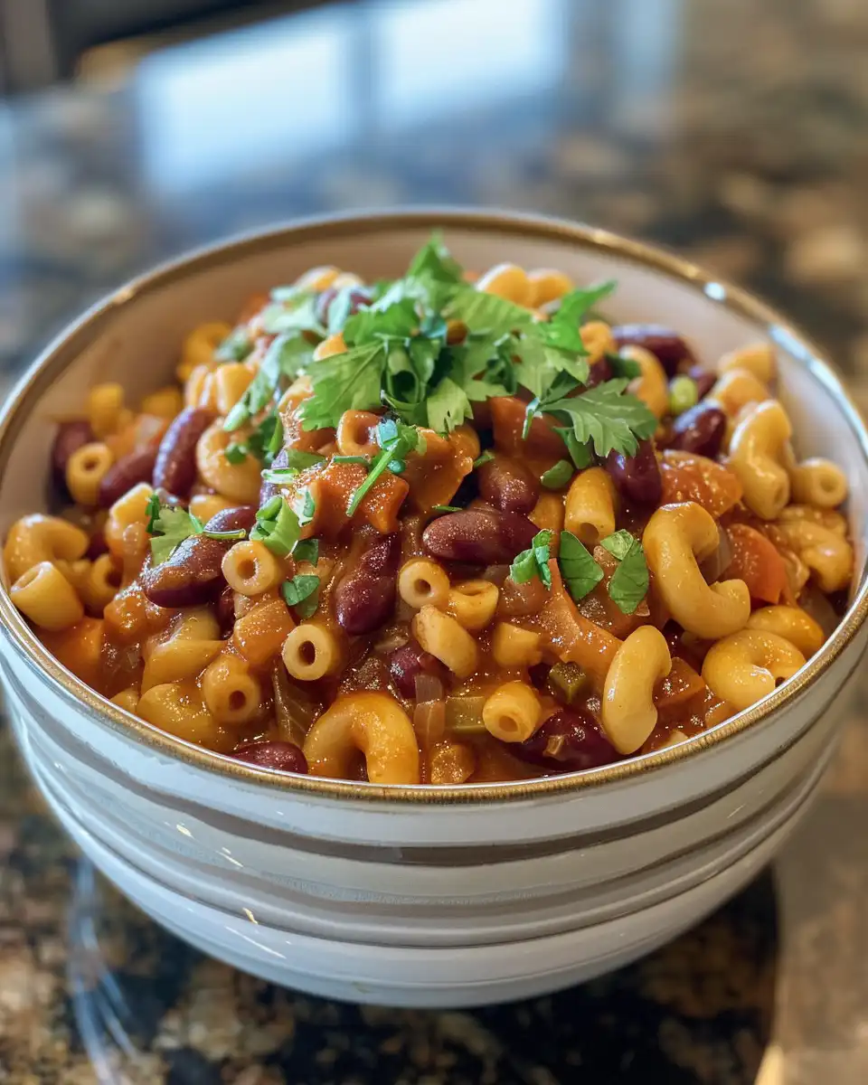 Ingredients for vegan chili mac including pasta, beans, spinach, and seasonings
