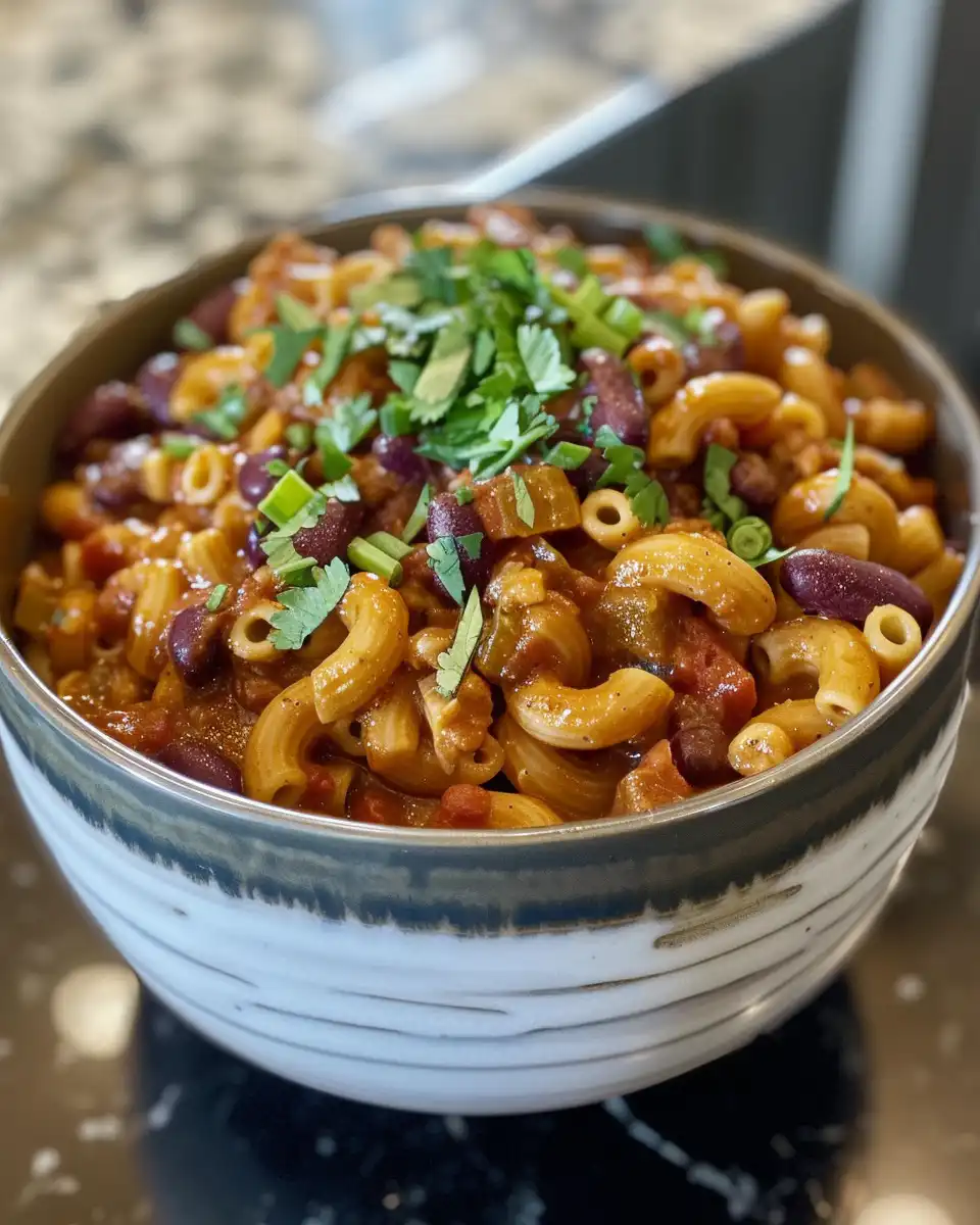 Final served vegan chili mac in bowl, ready to enjoy