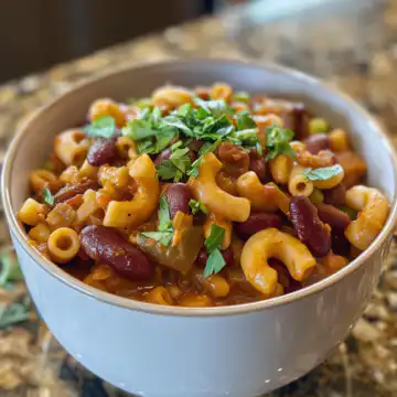 Vegan Chili Mac taken with iphone 15 pro max --iw 2 --ar 4:5 --v 6.0 --raw
