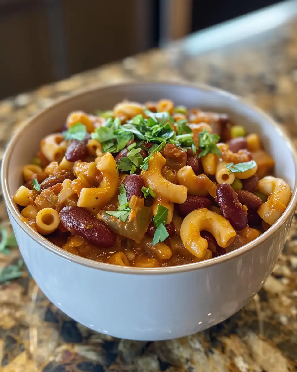Vegan chili mac cooking in pressure cooker showing vibrant fresh ingredients