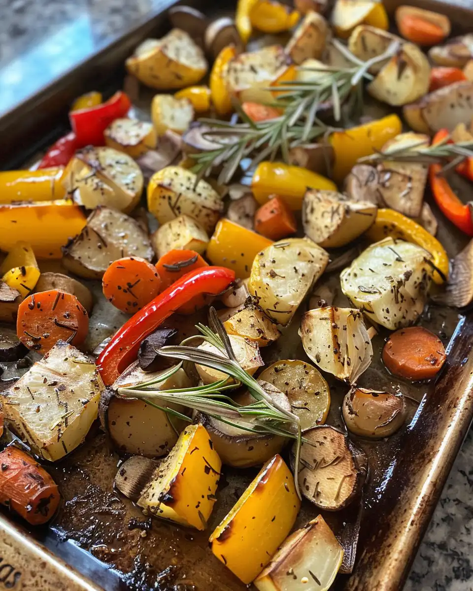 Golden crispy roasted vegan Dijon rosemary sheet pan veggies on a plate ready to serve