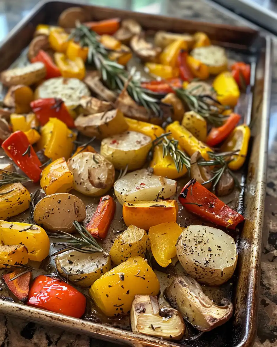 Vegan Dijon rosemary sheet pan dinner freshly cooked and plated