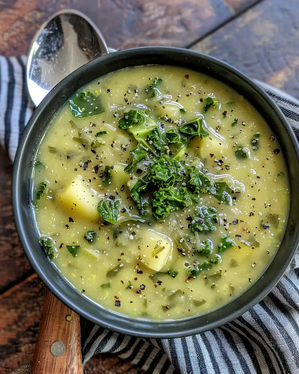 Final served bowl of Irish Potato Kale Soup garnished with chopped green onions