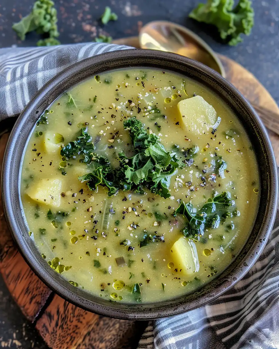 Steaming bowl of Instant Pot Irish Potato Kale Soup ready to serve