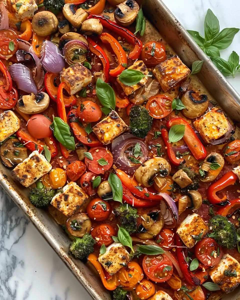 Ingredients laid out for vegan Italian sheet pan dinner including gnocchi and vegetables