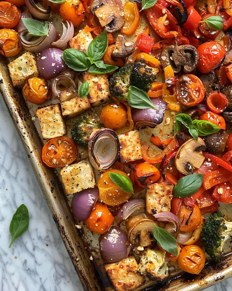 Finished vegan Italian sheet pan dinner served warm with vegan parmesan